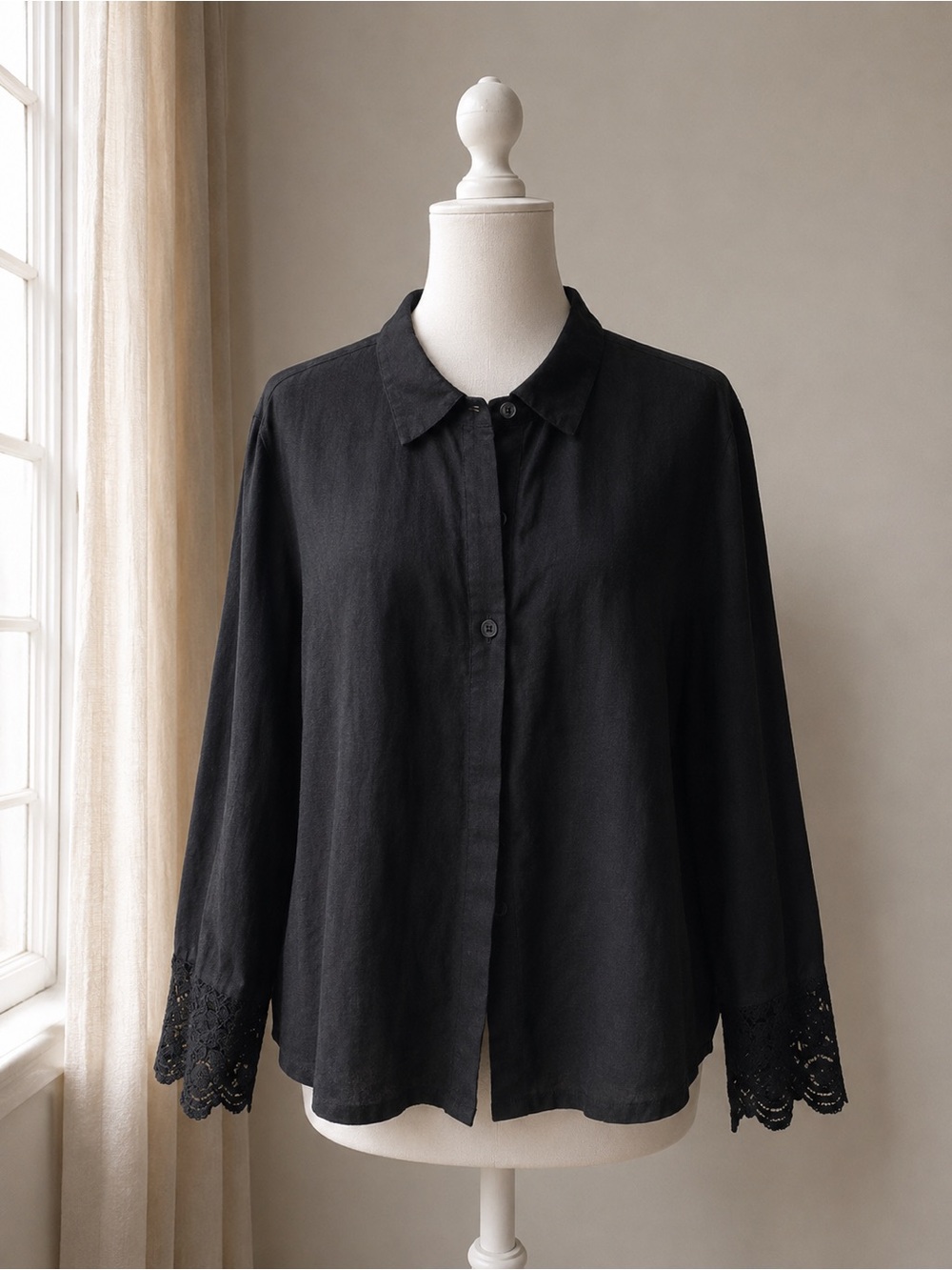 Black Button-Front Blouse with Lace Cuffs